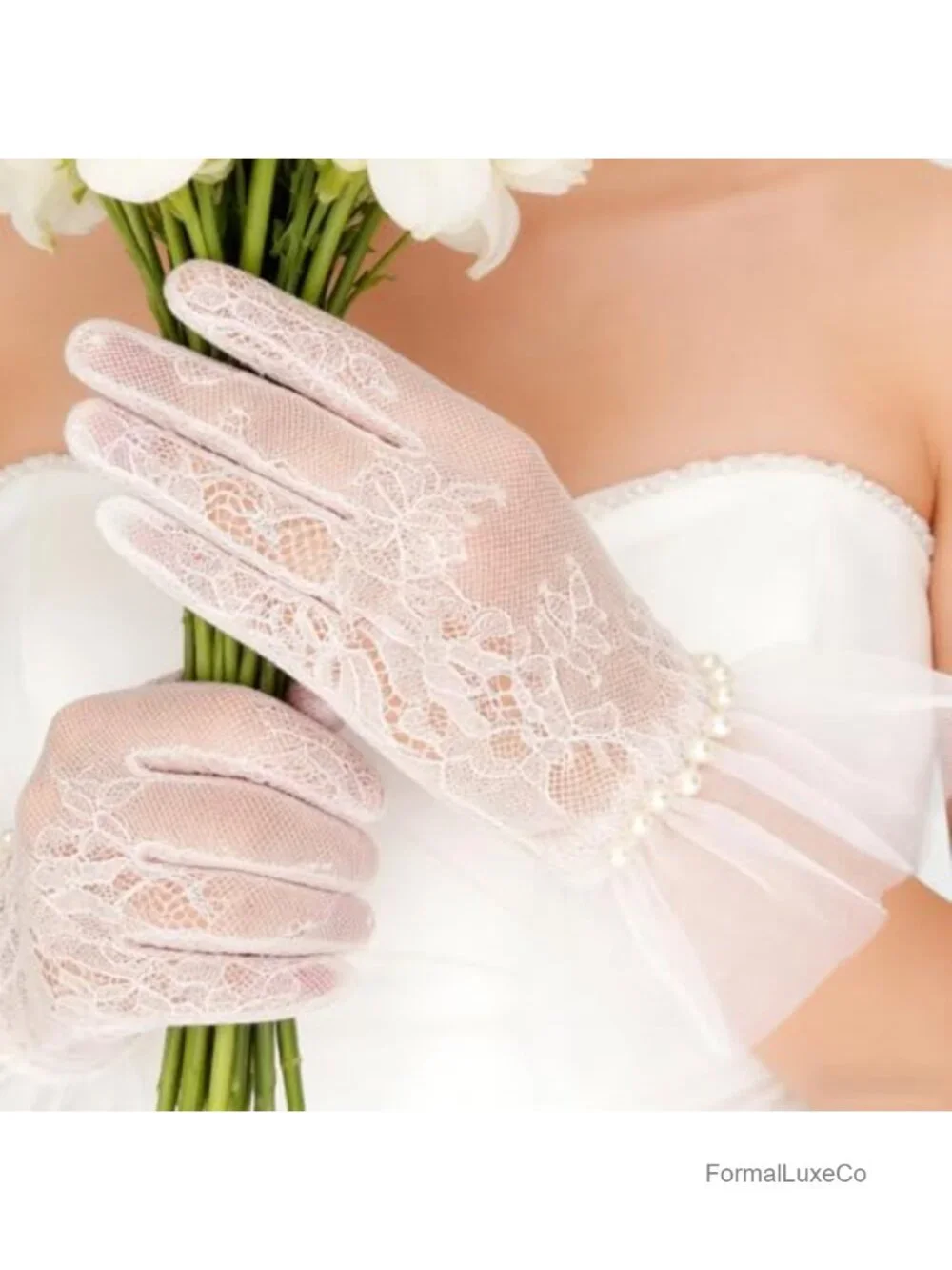 Short Lace Gloves Pearl Tulle Mesh Bridal Wedding Party Opera Gloves